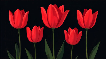 abstract tulips, painting, poster bright red flowers with leaves, black background, decorative art
