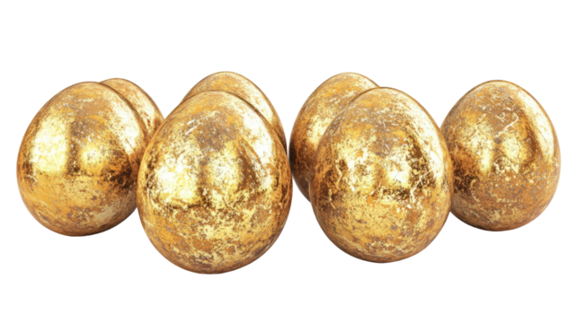 Golden Easter eggs showing shiny metallic decorative holiday symbols with festive spring celebration detail isolated on white background - Powered by Adobe