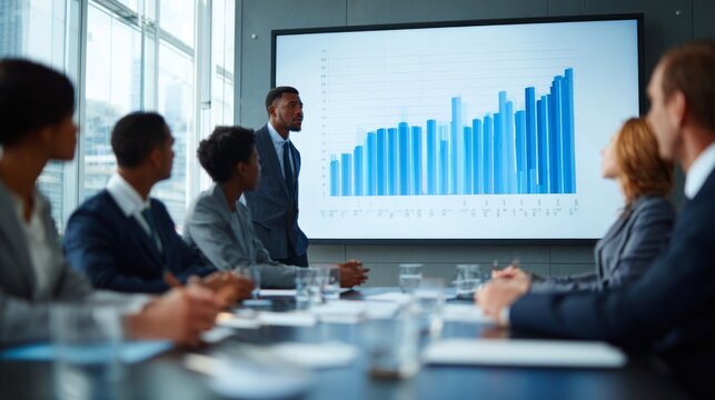 Business Meeting Presentation with Diverse Team Analyzing Growth Data on Screen in Modern Office Environment