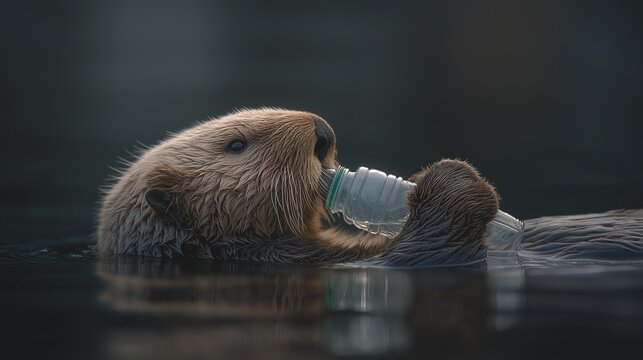 AI generator images of A sea otter is holding a plastic bottle floating in the water, showing the concern about the problem of plastic waste in water sources such as rivers, canals, seas, environmenta