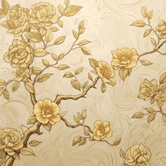 Art background with flowers and leaves on a tree branch in gold color. Vector botanical pattern for decoration design, print, wallpaper, textile, packaging, banner Generative Ai