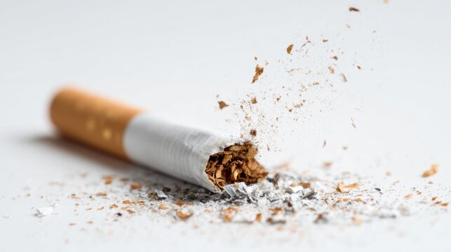 Broken cigarette on white surface symbolizing quitting smoking and health awareness