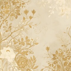 Art background with flowers and leaves on a tree branch in gold color. Vector botanical pattern for decoration design, print, wallpaper, textile, packaging, banner Generative Ai