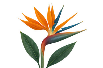 Strelitzia reginae flower with vibrant orange petals and blue sepals, a tropical bird of paradise plant illustration