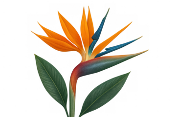 Strelitzia reginae flower with vibrant orange petals and blue sepals, a tropical bird of paradise plant illustration