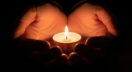 Cupped hands gently hold a lit candle, casting a warm glow in the darkness, symbolizing hope and remembrance