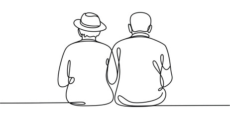 Minimalist single line drawing of two seated individuals from behind, symbolizing companionship, aging, friendship, and shared quiet moments.rint 
