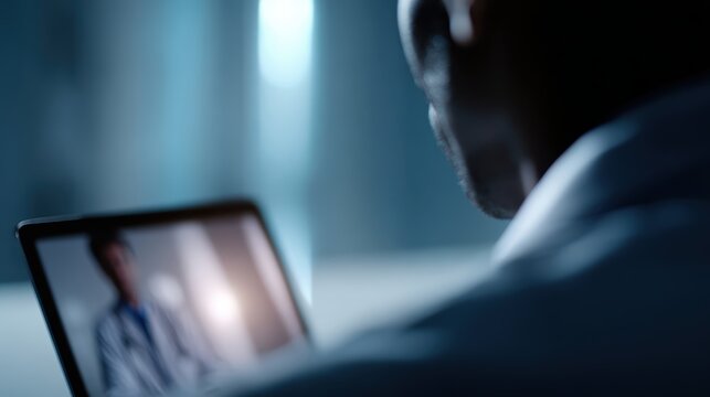 telemedicine doctor consulting patient via video call, digital healthcare, modern clinic lighting