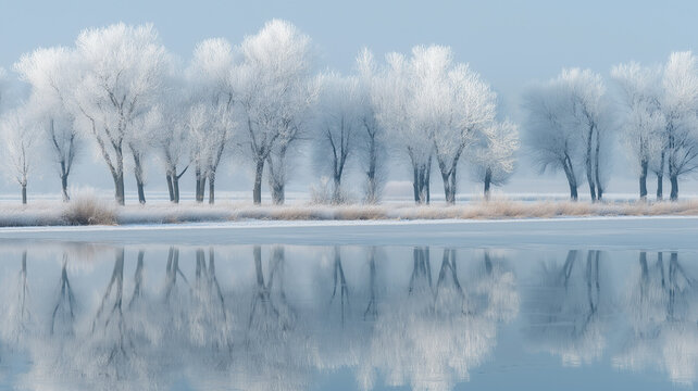 Winter, christmas winter, snowfall in winter a serene winter landscape featuring trees covered in frost, reflected in the calm, icy water of a frozen lake