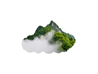 Mountain peak covered with lush green forest and surrounded by misty clouds, creating serene and tranquil natural landscape, isolated on transparency background
