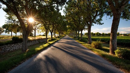 Fototapeta premium Sunlit Road: A tranquil asphalt road stretches towards the horizon, framed by a line of mature trees, their leaves creating a canopy of dappled shade, with the sun casting a warm glow.