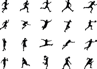 Athlete silhouette collection, sports action poses, running, jumping, throwing, catching movements, fitness icons, dynamic motion set – flat vector illustration
