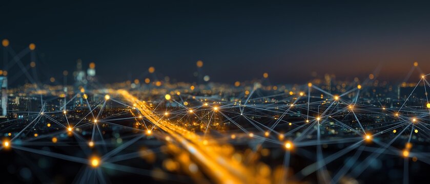 AI generator images of The concept of Fiber Optic Network or Digital Network in the city is a communication system that uses very small glass or plastic fibers to transmit data with light signals.