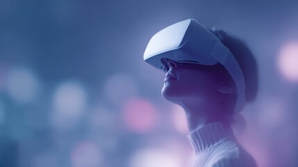 woman wearing VR headset exploring virtual cityscape, futuristic lighting, excitement and wonder
