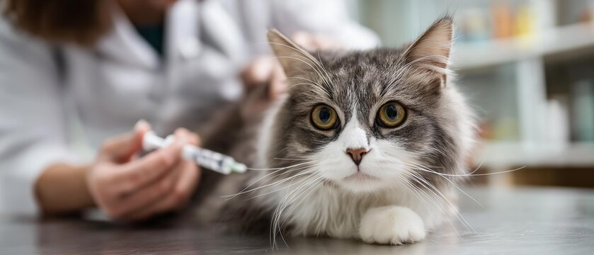 AI generator images of Cats are receiving vaccinations or treatment from a veterinarian .surgeon or doctor at the animal hospital preparing cute sick cat for surgery, putting drops in cat 