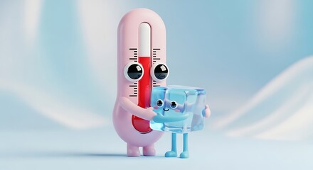 Cute thermometer character hugging an ice cube in a cold, icy environment