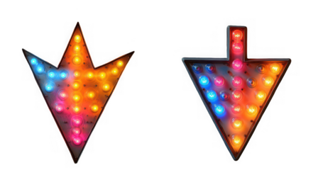 Two illuminated arrow signs pointing up and down isolated on transparent background