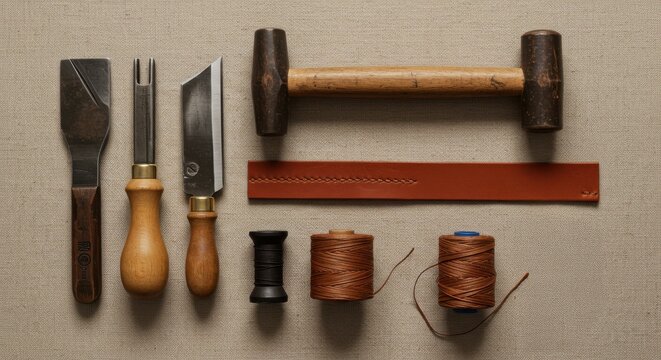 Assortment of traditional leatherworking implements and materials arranged on a neutral surface.