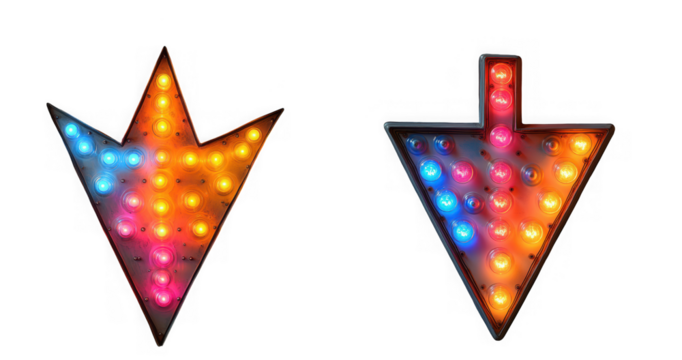 Two illuminated arrow signs pointing up and down isolated on transparent background