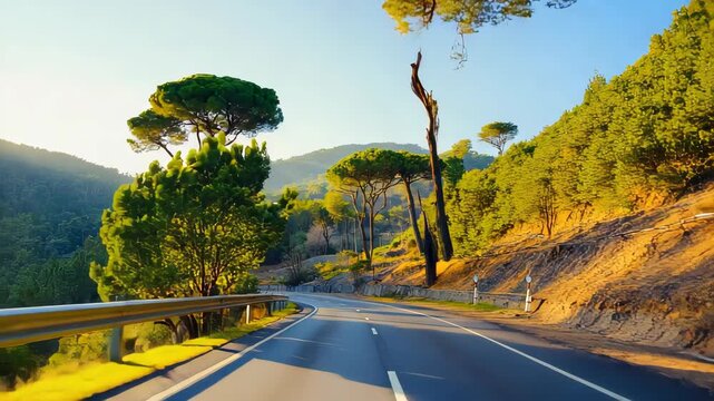 Scenic winding road through lush green hills, rolling landscape, tall trees along the roadside, natural beauty