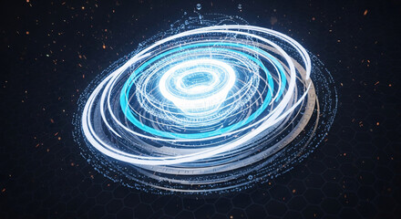 Abstract technology background with glowing circles and particles in a dark environment