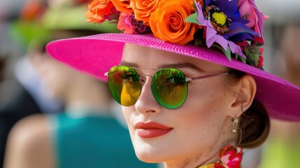 Beautiful Young Woman with Colorful Hat and Sunglasses at Outdoor Event, Bright Sunshine, Floral Accessories, Festival Vibe