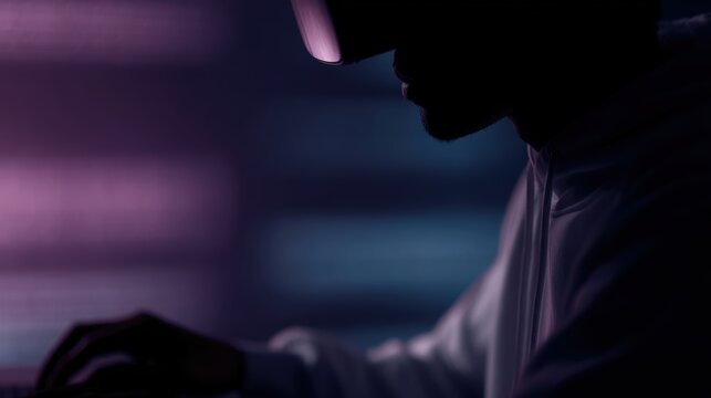young programmer wearing VR headset coding in dark room, futuristic vibe