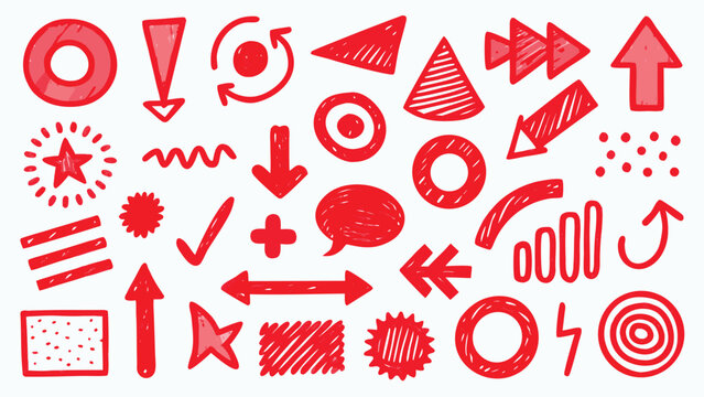 Abstract red scribbles scattered across a white background, conveying a sense of spontaneity and creativity..eps