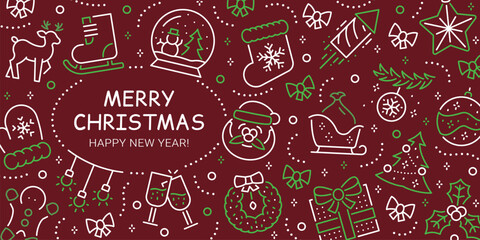 Horizontal web banner with Christmas objects. New Year's elements and decorations. Background template design.