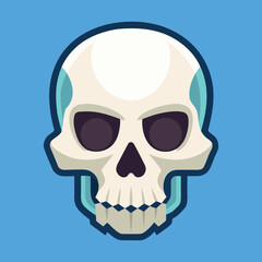 Fototapeta premium Stylized cartoon skull with dark eye sockets and blue accents on a bright blue background