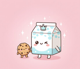 Cute cartoon milk carton and cookie characters holding hands on a pink background