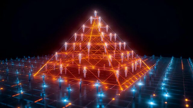 Glowing digital pyramid structure with connected network nodes showing data hierarchy and advanced artificial intelligence concept