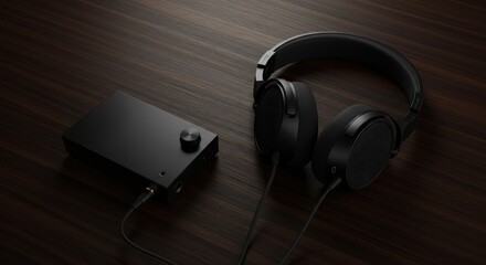 Black audio amplifier and over ear headphones rest on a dark wood surface