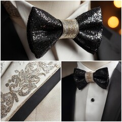 A collage of a black sequin bow tie with a gold band and an embroidered suit jacket detail close up