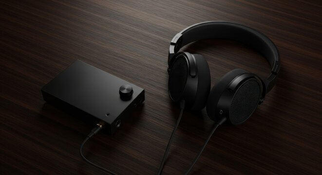 Black audio amplifier and over ear headphones rest on a dark wood surface