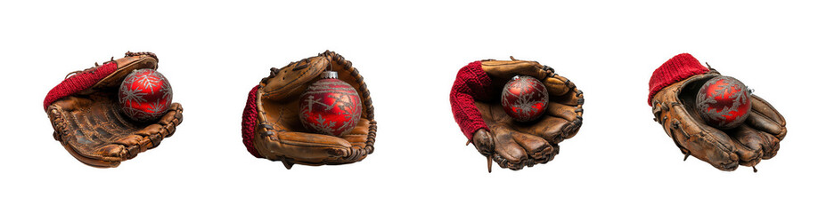 Four baseball gloves with balls isolated on transparent background
