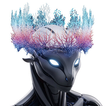 An alien creature with glowing eyes and a crown of coral, isolated on transparent background, a surreal and captivating portrait
