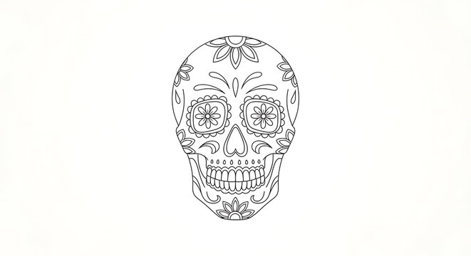 Black and white line art sugar skull with floral decorations dead mexico