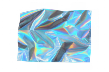 Iridescent holographic crumpled foil creating abstract rainbow reflections and textures on transparent background
