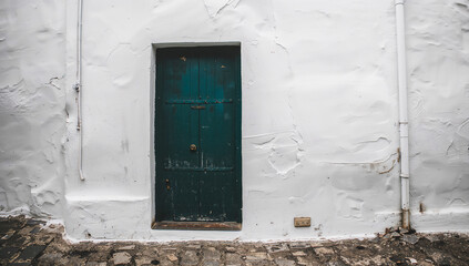Old green door in a white stucco wall, a classic architectural detail