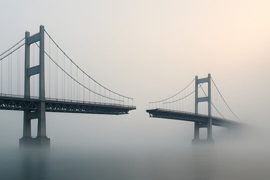 Bridge Disconnection: A surreal image of an incomplete bridge emerging from the mist, symbolizing disconnection, transition, or the potential for new beginnings.