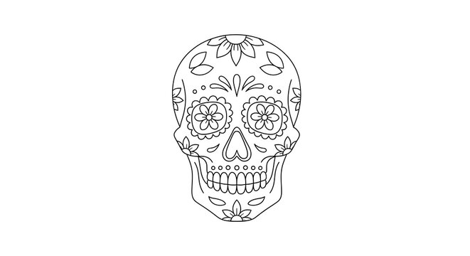 Black and white line art sugar skull with floral decorations calavera dead