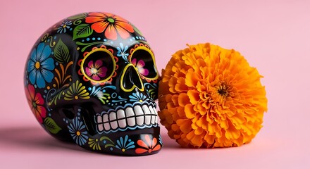 Black sugar skull with colorful floral designs next to orange marigold flower dead