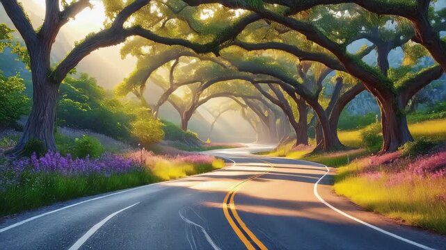 Scenic winding road through lush green hills, rolling landscape, tall trees along the roadside, natural beauty
