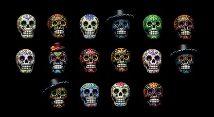 Collection of colorful sugar skull decorations on black background dead