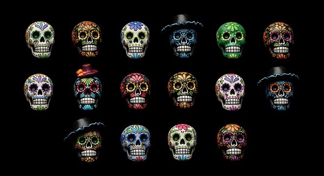 Collection of colorful sugar skull decorations on black background dead - Powered by Adobe