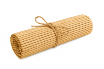 Rolled bamboo mat with twine knot, presenting natural texture and rustic charm, isolated on transparent background