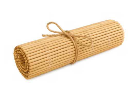 Rolled bamboo mat with twine knot, presenting natural texture and rustic charm, isolated on transparent background