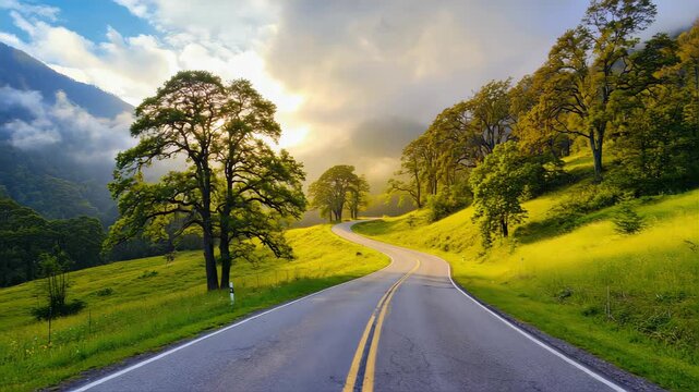 Scenic winding road through lush green hills, rolling landscape, tall trees along the roadside, natural beauty