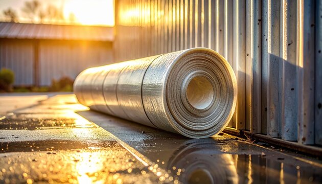 Shrink-Wrapped Insulation Roll Beside Corrugated Wall